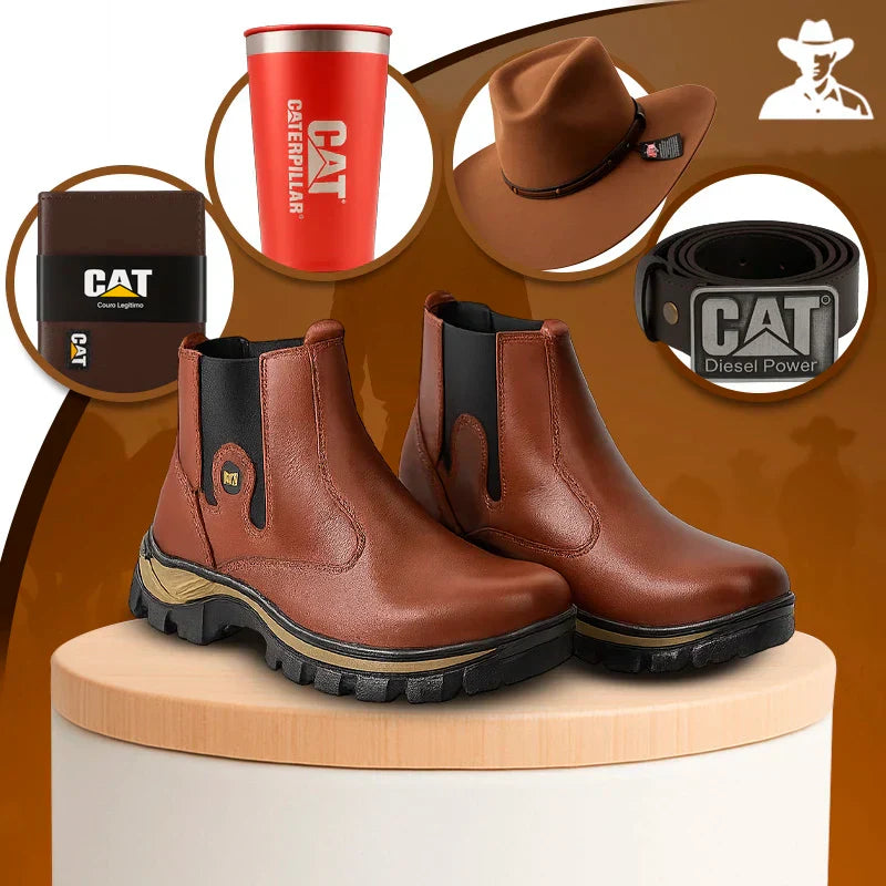 Kit Caterpillar - Bota Masculina em Couro Legítimo e Palmilha Ortopédica + [Brindes Exclusivos]: